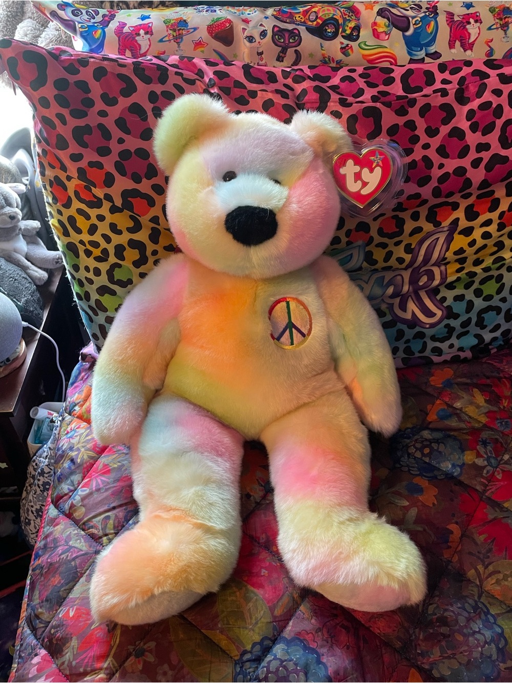 Ty Tie-Dye Peace Bear Plush - Pastel Rainbow large size